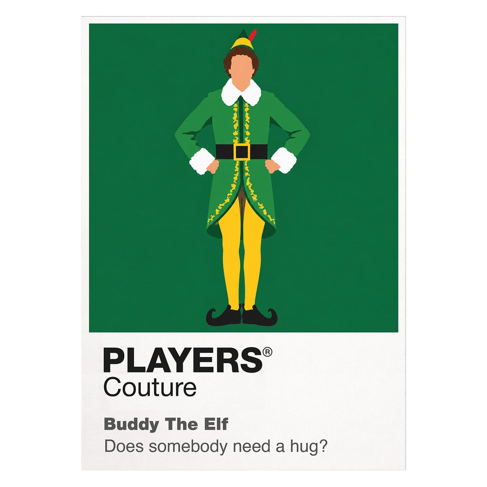 Elf Buddy's green North Pole outfit and wholehearted arrival in New York City Icon Frame artwork on white