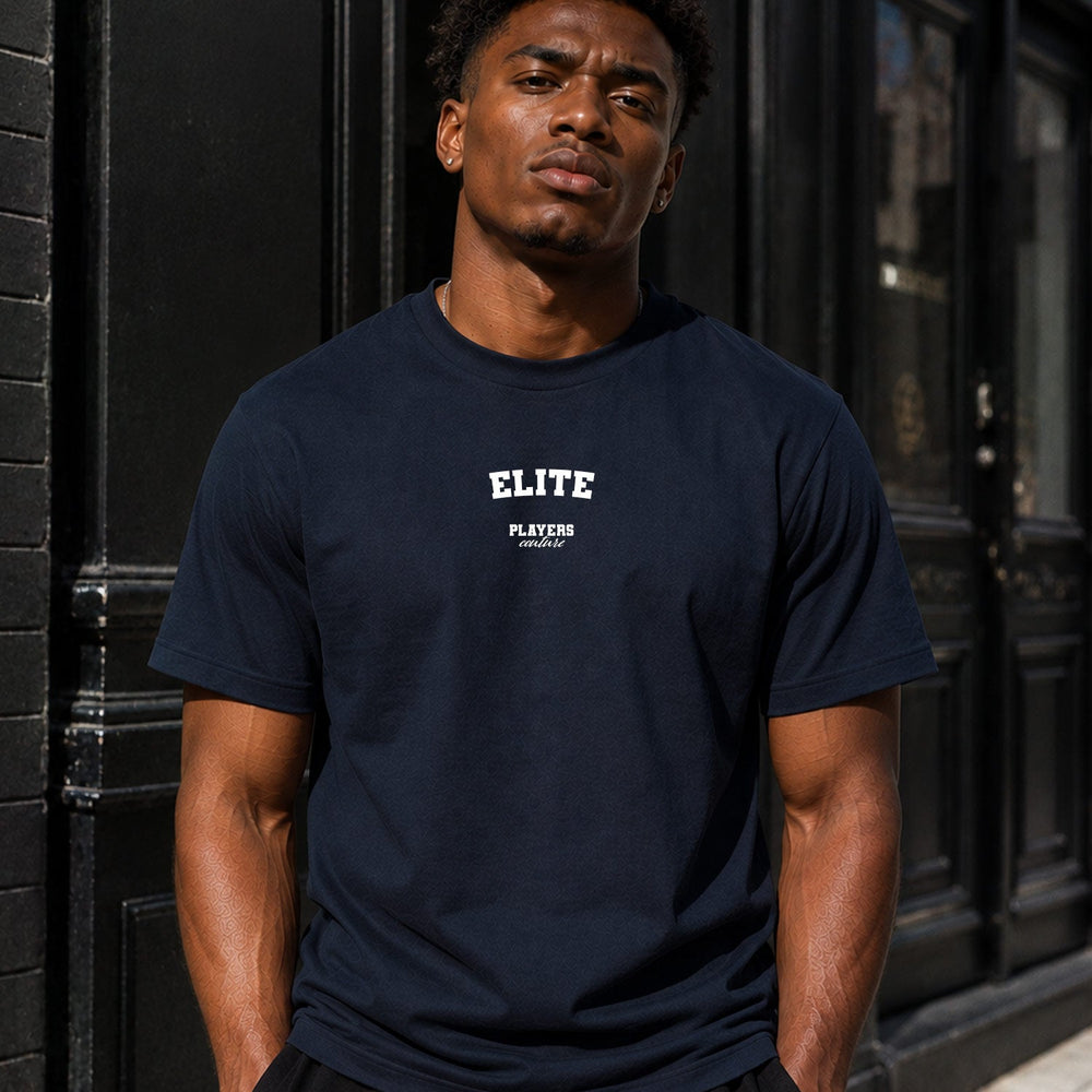 Elite navy men's T-shirt lifestyle photograph 5