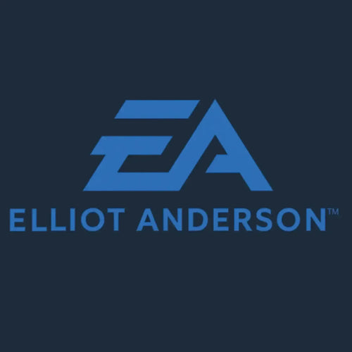 Elliot Anderson Logo Men's Hoodie – navy close-up detail shot of the Elliot Anderson Players Couture logo design