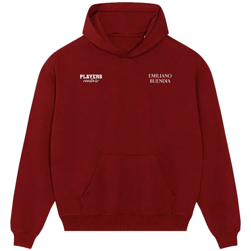 Emiliano Buendia hoodie – red men's hoodie featuring the Emiliano Buendia Players Couture logo