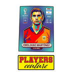Emiliano Martinez World Cup Sticker Men's T-Shirt – close-up detail shot of the Emiliano Martinez World Cup Players Couture