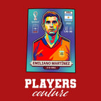 Emiliano Martinez World Cup Sticker Men's T-Shirt – red close-up detail shot of the Emiliano Martinez World Cup Players