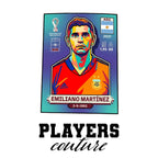 Emiliano Martinez World Cup Sticker Men's T-Shirt – white close-up detail shot of the Emiliano Martinez Players Couture logo