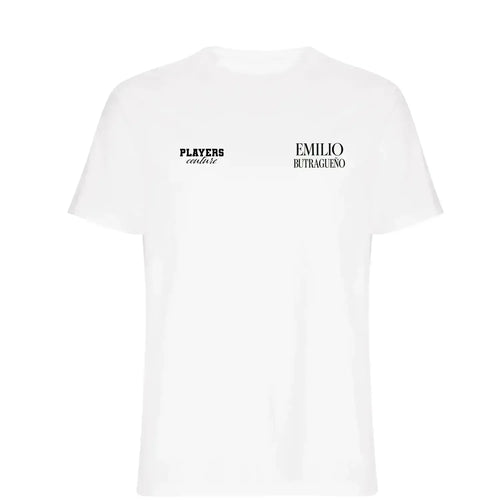 Emilio Butragueno t-shirt – white men's t-shirt featuring the Emilio Butragueno Players Couture logo