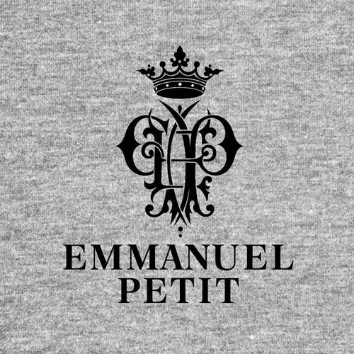 Emmanuel Petit Logo Men's Hoodie – grey close-up detail shot of the Emmanuel Petit Players Couture logo design