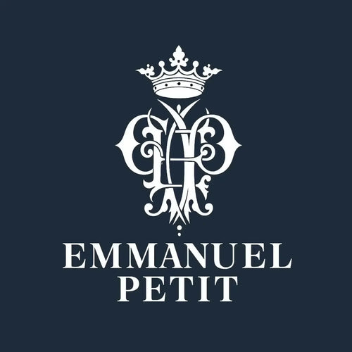 Emmanuel Petit Logo Men's Hoodie – navy close-up detail shot of the Emmanuel Petit Players Couture logo design