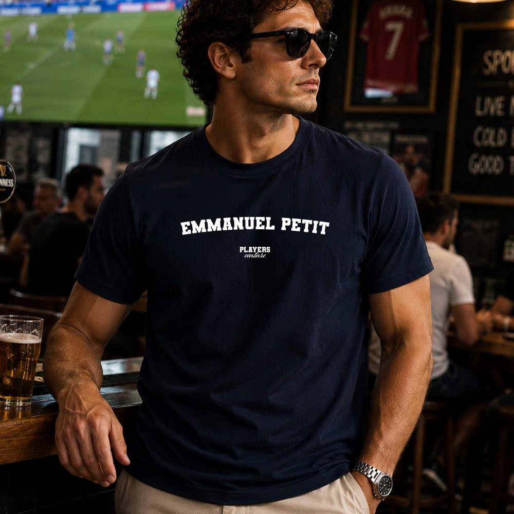 Emmanuel Petit Men's T-Shirt — lifestyle photo, Navy t-shirt
