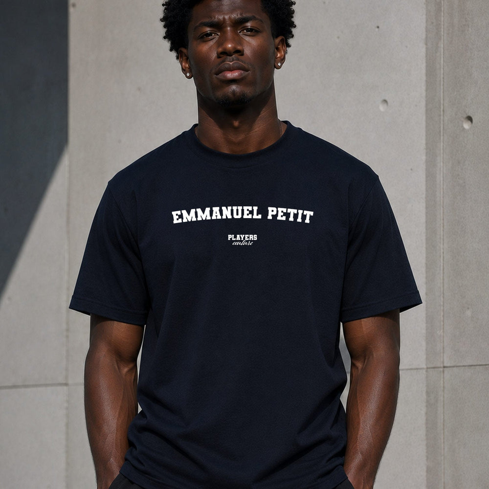 Emmanuel Petit Men's T-Shirt — lifestyle photo, Navy t-shirt