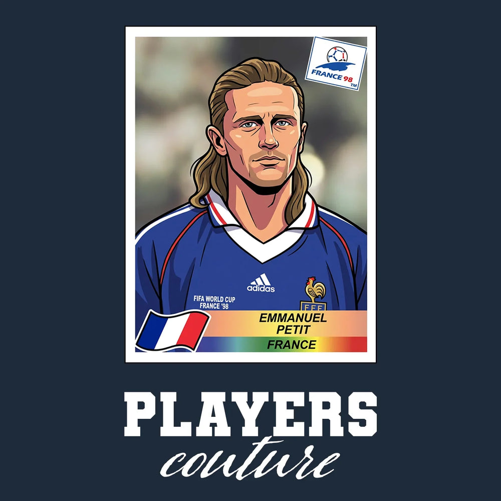 Emmanuel Petit World Cup Sticker Men's T-Shirt – navy close-up detail shot of the Emmanuel Petit World Cup Players Couture