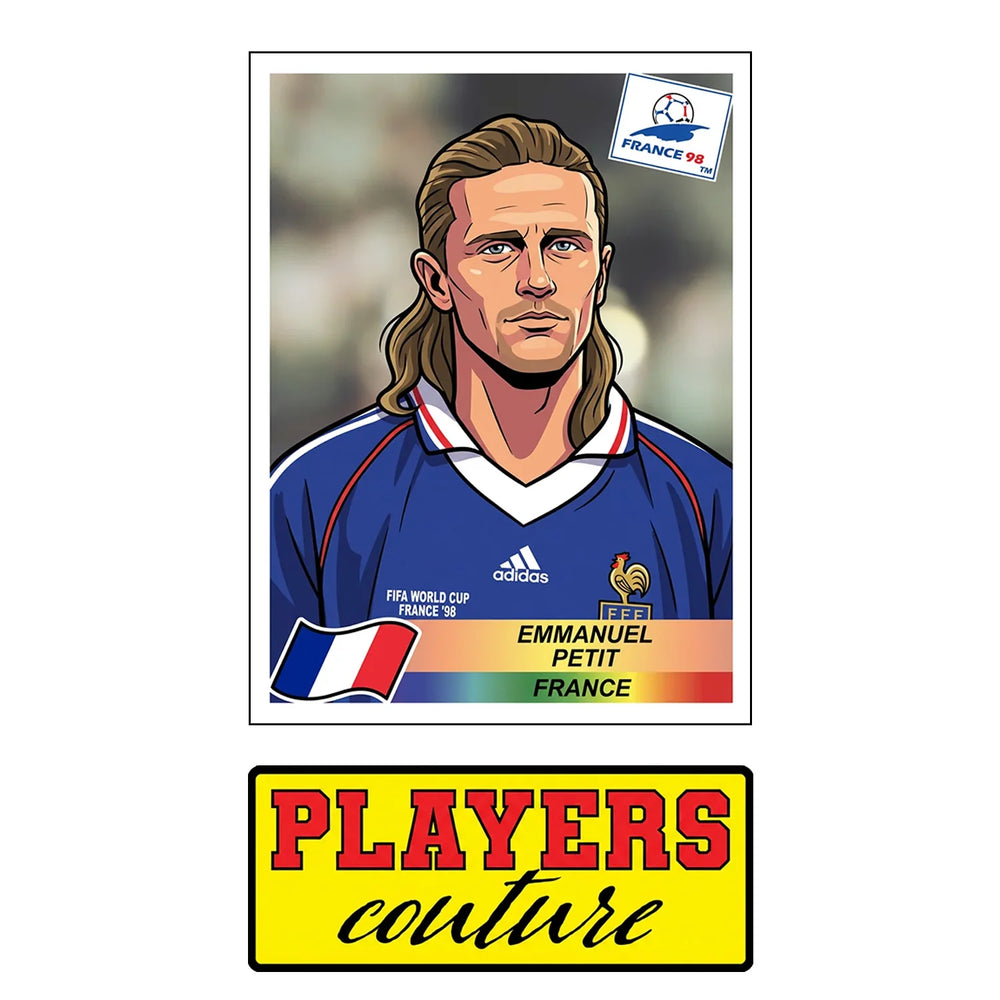 Emmanuel Petit World Cup Sticker Men's T-Shirt – close-up detail shot of the Emmanuel Petit World Cup Players Couture logo