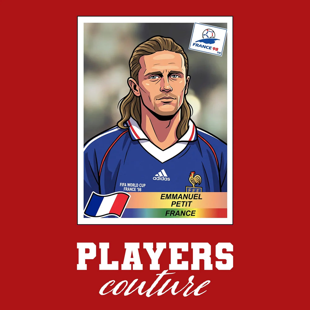 Emmanuel Petit World Cup Sticker Men's T-Shirt – red close-up detail shot of the Emmanuel Petit World Cup Players Couture