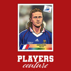 Emmanuel Petit World Cup Sticker Men's T-Shirt – red close-up detail shot of the Emmanuel Petit World Cup Players Couture