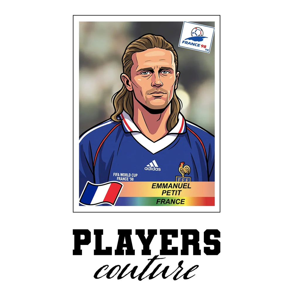 Emmanuel Petit World Cup Sticker Men's T-Shirt – white close-up detail shot of the Emmanuel Petit Players Couture logo design