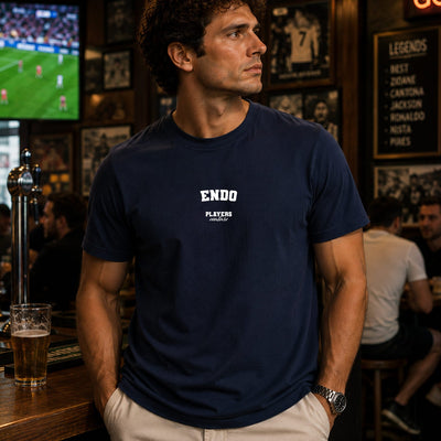 Endo Men's T-Shirt — lifestyle photo, Navy t-shirt