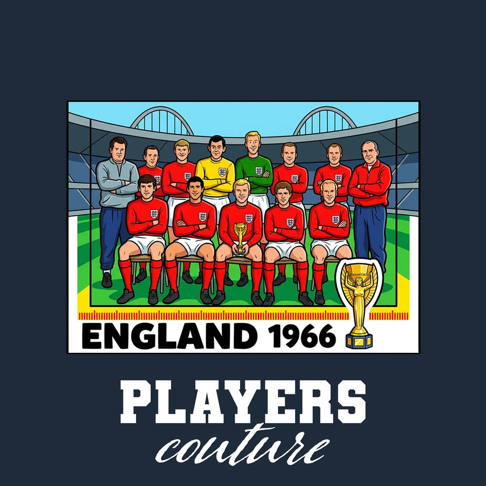 England 1966 Team World Cup Sticker Men's T-Shirt – navy close-up detail shot of the England 1966 Team World Cup Players