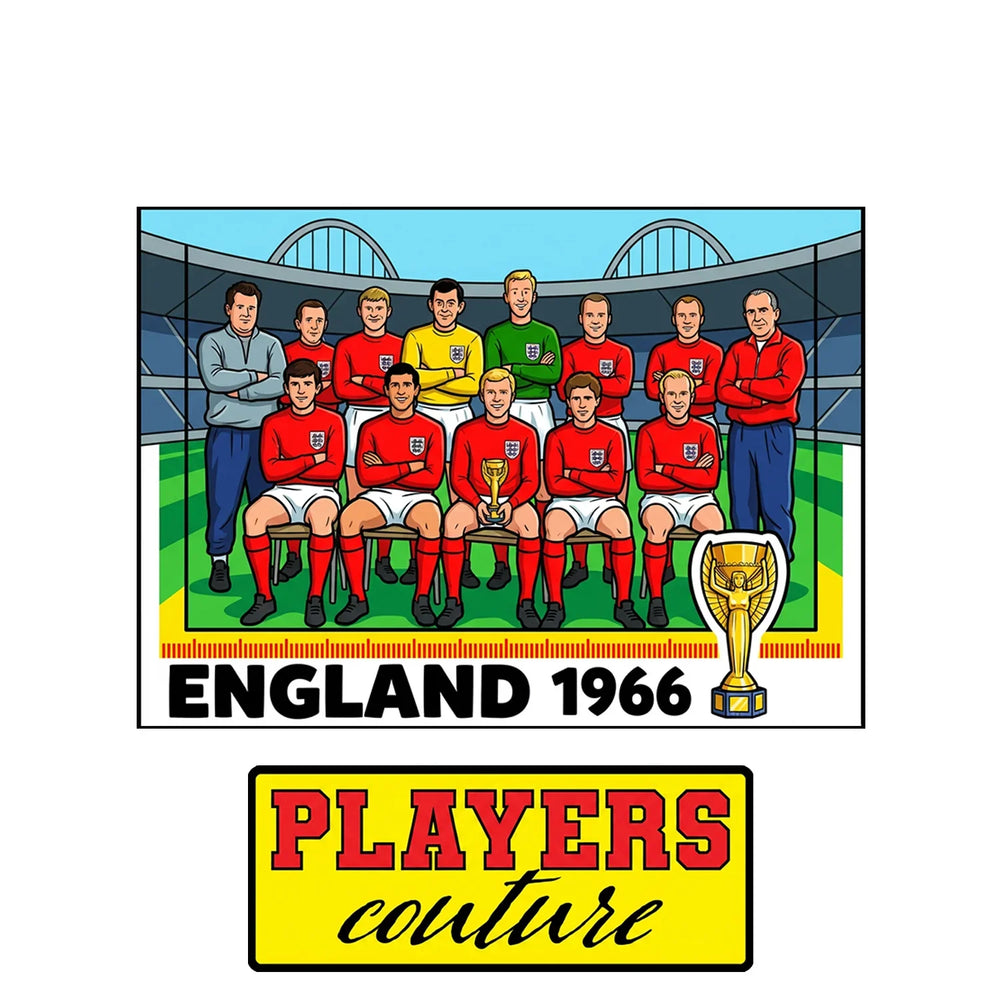 England 1966 Team World Cup Sticker Men's T-Shirt – close-up detail shot of the England 1966 Team World Cup Players Couture