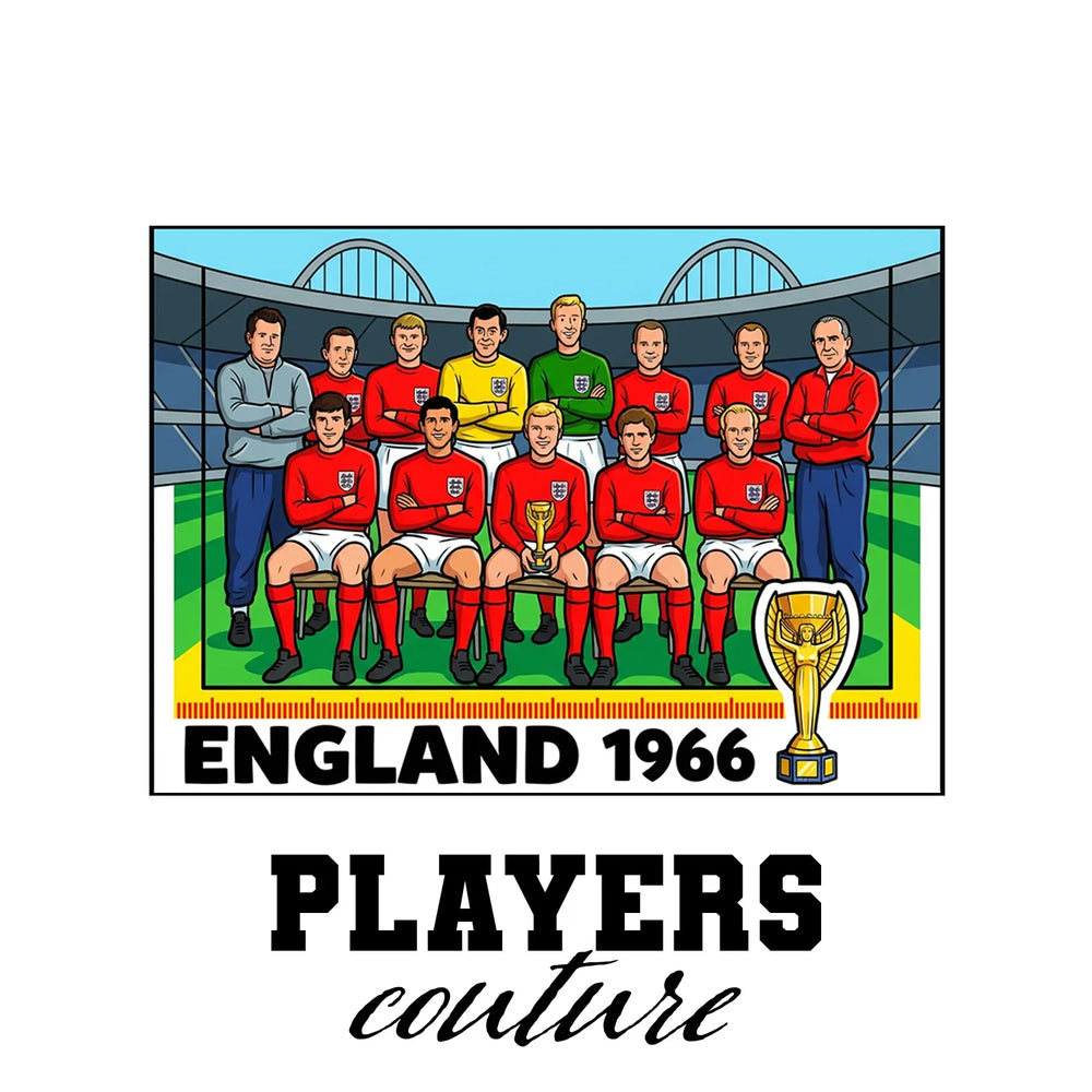 England 1966 Team World Cup Sticker Men's T-Shirt – white close-up detail shot of the England Players Couture logo design