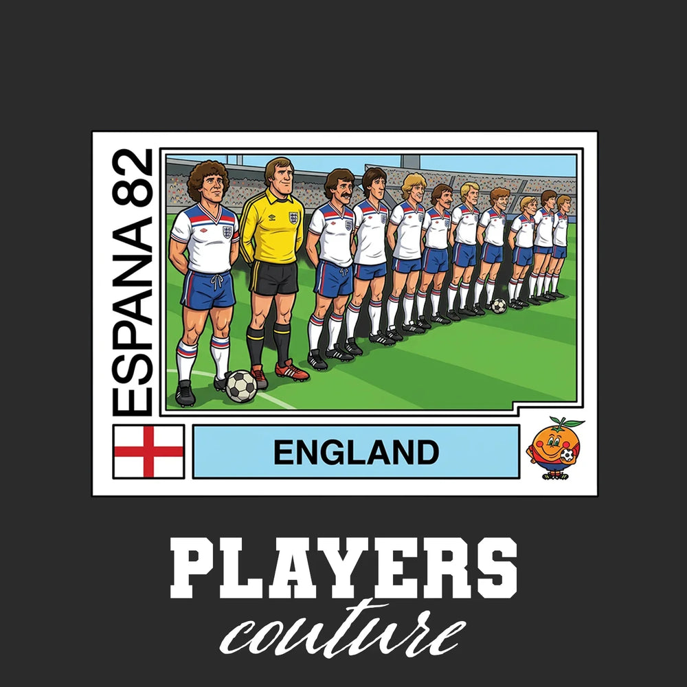 England 1982 Team World Cup Sticker Men's T-Shirt – black close-up detail shot of the England 1982 Team World Cup Players