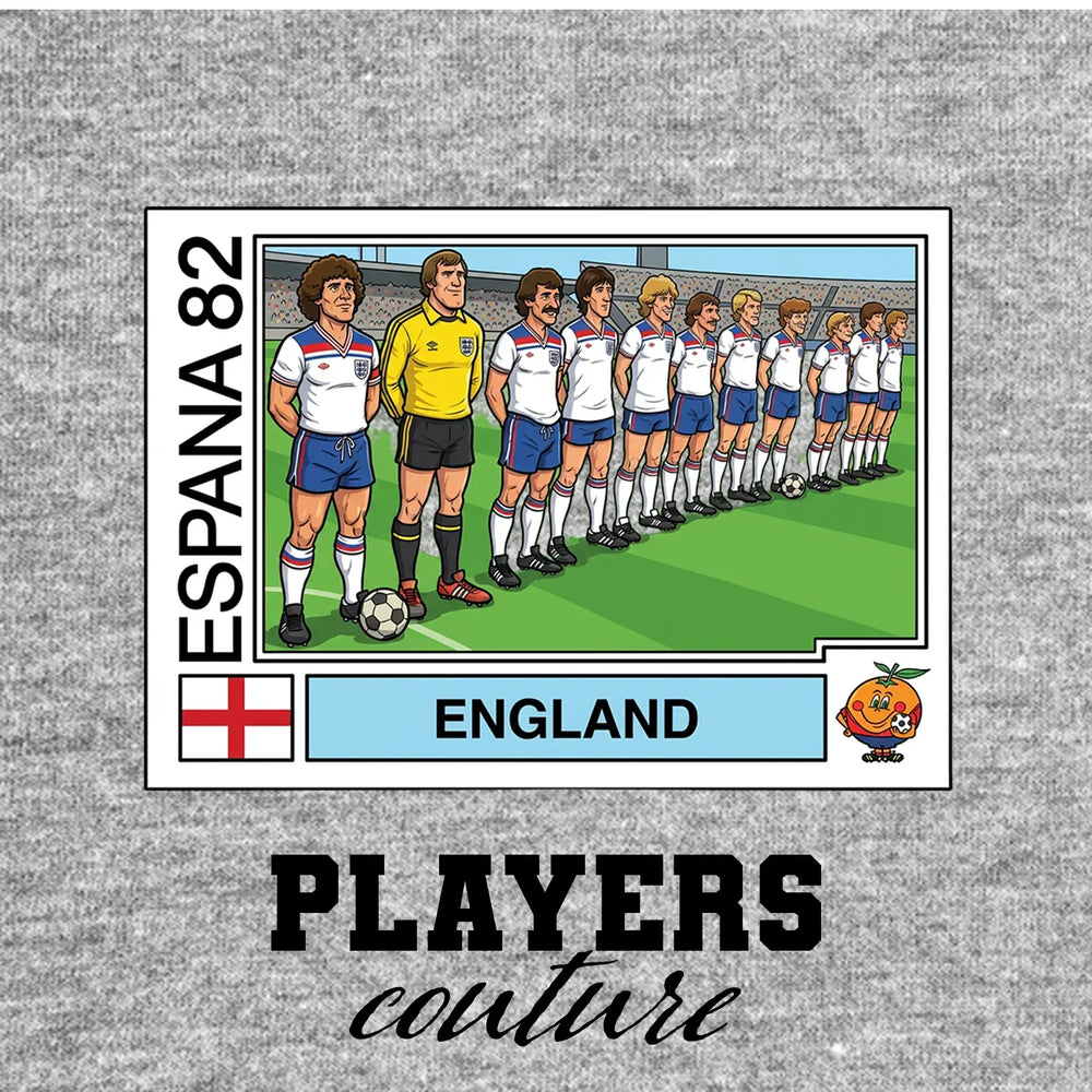 England 1982 Team World Cup Sticker Men's T-Shirt – grey close-up detail shot of the England 1982 Team World Cup Players