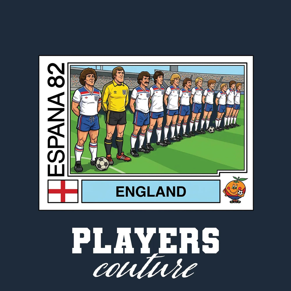 England 1982 Team World Cup Sticker Men's T-Shirt – navy close-up detail shot of the England 1982 Team World Cup Players