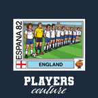 England 1982 Team World Cup Sticker Men's T-Shirt – navy close-up detail shot of the England 1982 Team World Cup Players