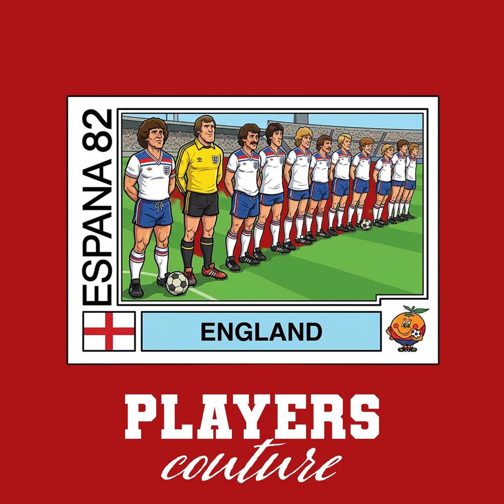 England 1982 Team World Cup Sticker Men's T-Shirt – red close-up detail shot of the England 1982 Team World Cup Players