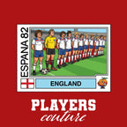 England 1982 Team World Cup Sticker Men's T-Shirt – red close-up detail shot of the England 1982 Team World Cup Players