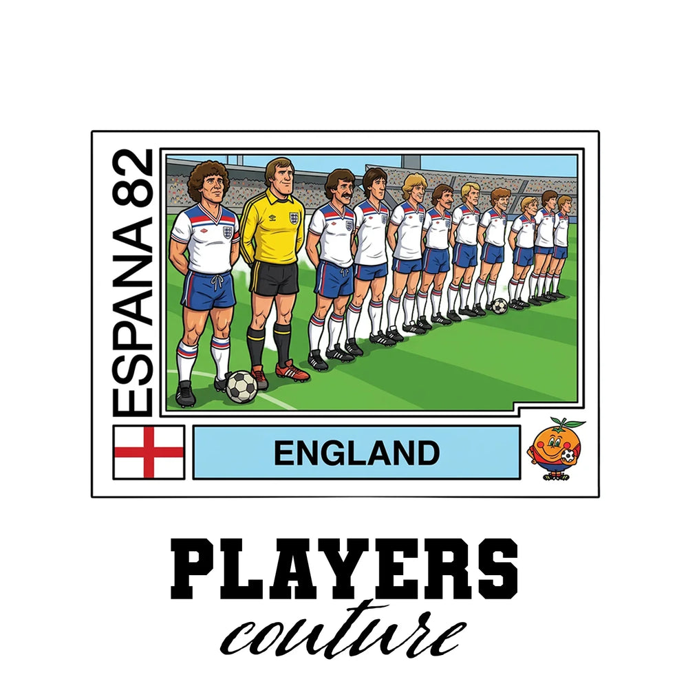 England 1982 Team World Cup Sticker Men's T-Shirt – white close-up detail shot of the England Players Couture logo design