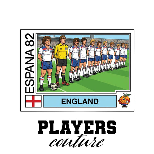 England 1982 Team World Cup Sticker Men's T-Shirt – white close-up detail shot of the England Players Couture logo design