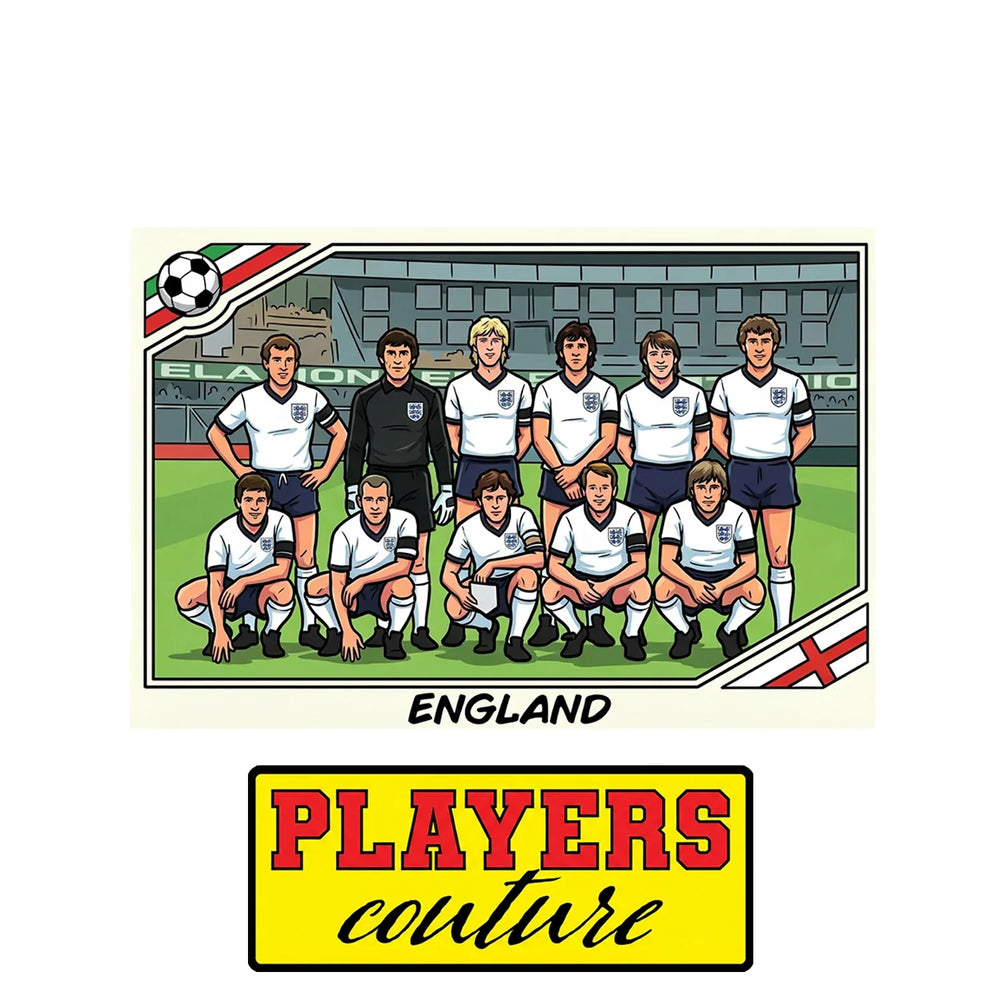 England 1986 Team World Cup Sticker Men's T-Shirt – close-up detail shot of the England 1986 Team World Cup Players Couture