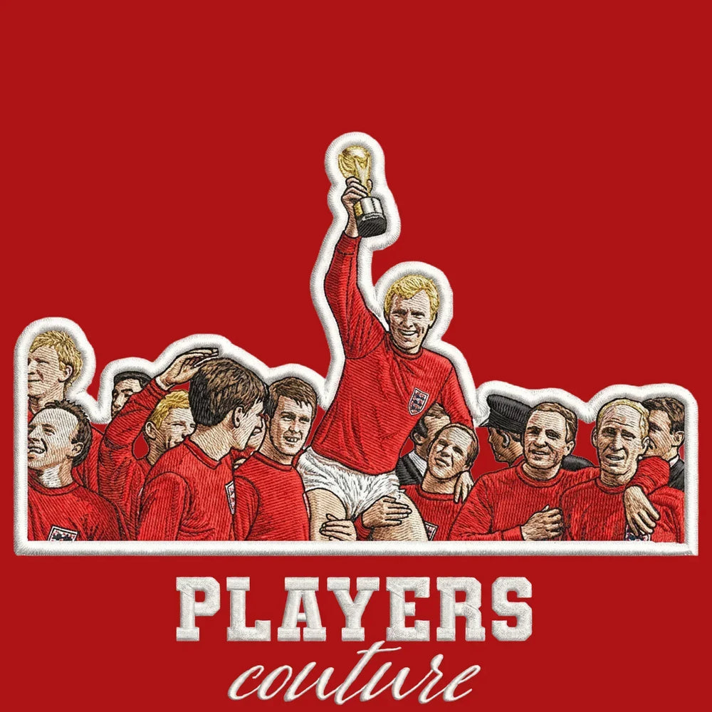 England 66 Badge Men's Hoodie – red close-up detail shot of the England 66 Players Couture logo design