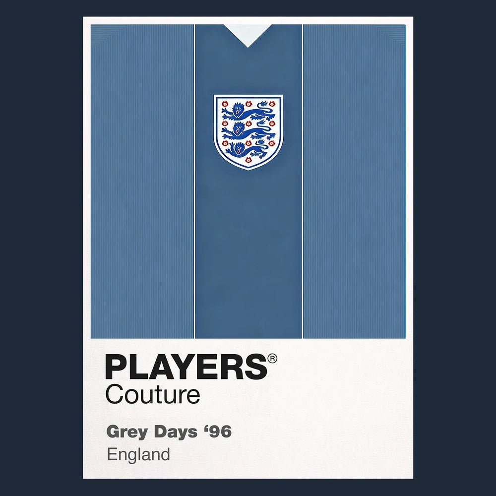 England 1996 Grey Classic Football Shirt Team Colours Frame Men's T-Shirt – navy close-up detail shot of the England 1996