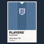 England 1996 Grey Classic Football Shirt Team Colours Frame Men's T-Shirt – navy close-up detail shot of the England 1996