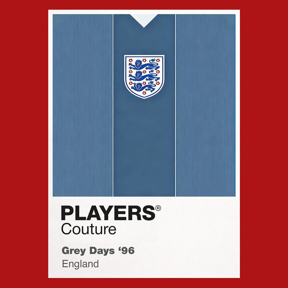 England 1996 Grey Classic Football Shirt Team Colours Frame Men's T-Shirt – red close-up detail shot of the England 1996