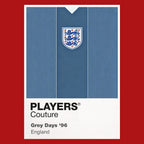 England 1996 Grey Classic Football Shirt Team Colours Frame Men's T-Shirt – red close-up detail shot of the England 1996