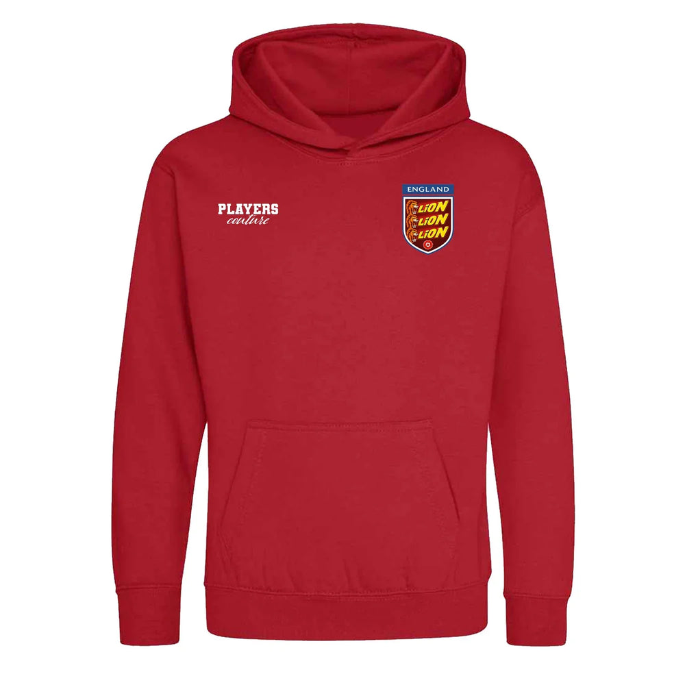 England Three Lions Bar hoodie – red kids' hoodie featuring the England Three Lions Bar Players Couture logo