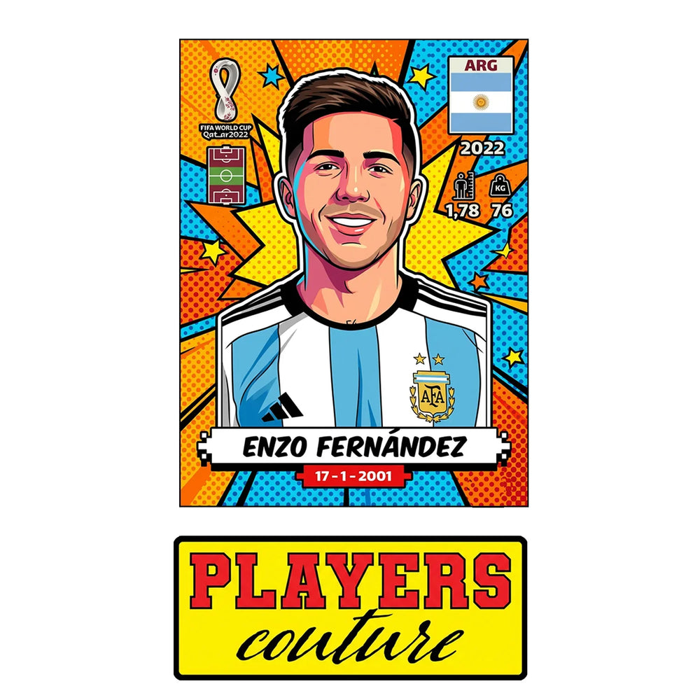 Enzo Fernandez World Cup Sticker Men's T-Shirt – close-up detail shot of the Enzo Fernandez World Cup Players Couture logo