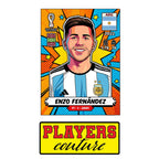 Enzo Fernandez World Cup Sticker Men's T-Shirt – close-up detail shot of the Enzo Fernandez World Cup Players Couture logo