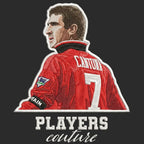 Eric Cantona Badge Men's Hoodie – black close-up detail shot of the Eric Cantona Players Couture logo design