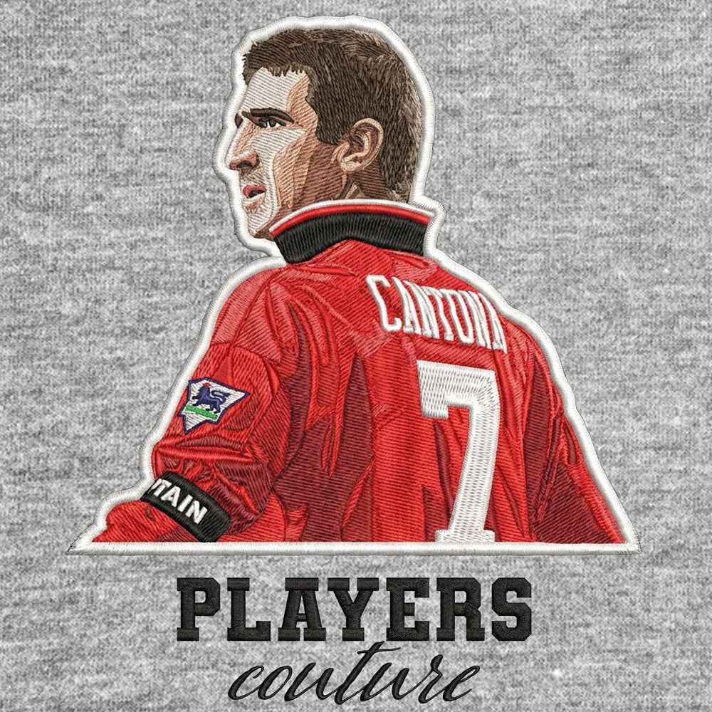 Eric Cantona Badge Men's Hoodie – grey close-up detail shot of the Eric Cantona Players Couture logo design