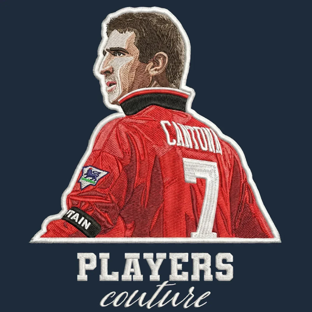 Eric Cantona Badge Men's Hoodie – navy close-up detail shot of the Eric Cantona Players Couture logo design