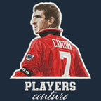 Eric Cantona Badge Men's Hoodie – navy close-up detail shot of the Eric Cantona Players Couture logo design