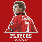 Eric Cantona Badge Men's Hoodie – red close-up detail shot of the Eric Cantona Players Couture logo design