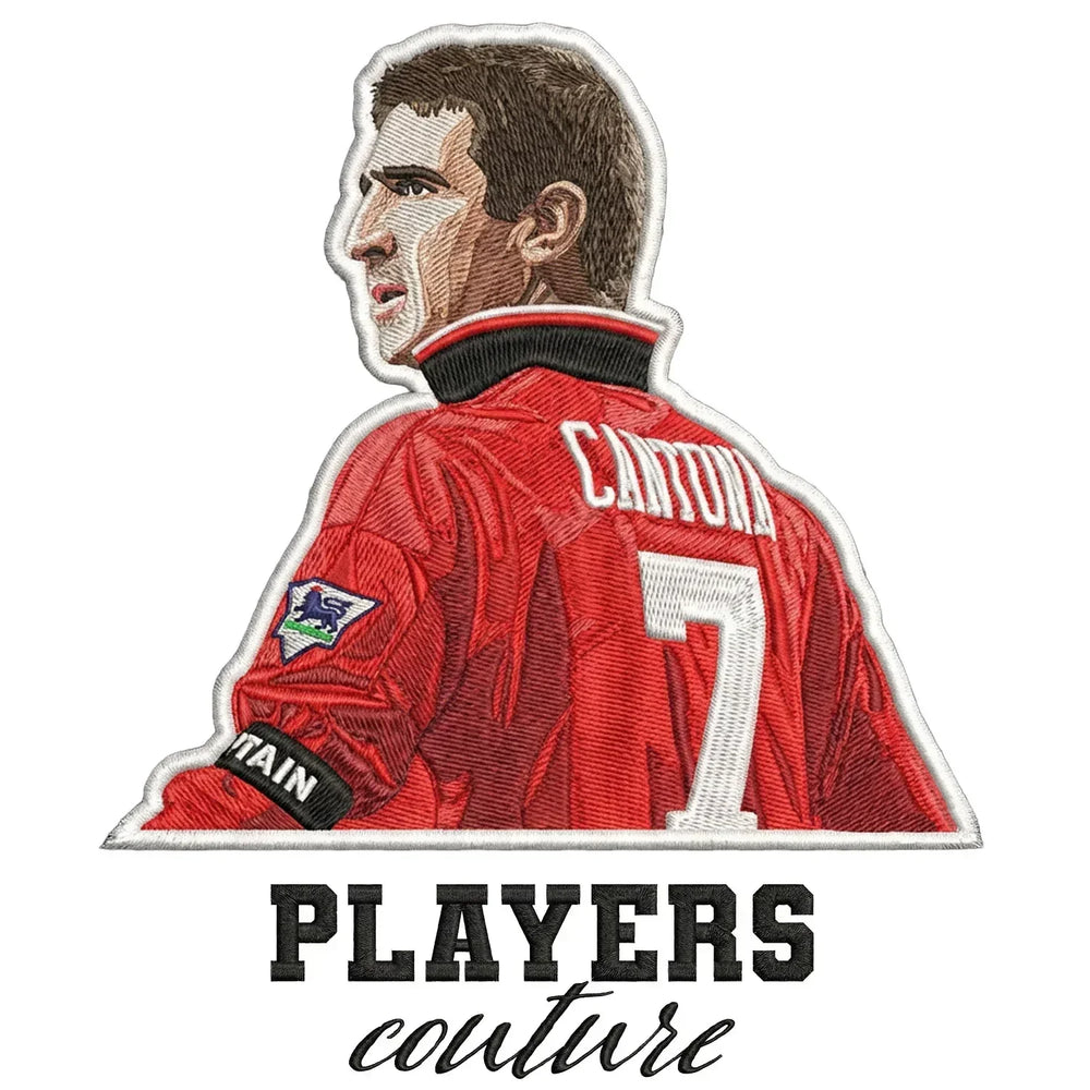 Eric Cantona Badge Men's Hoodie – white close-up detail shot of the Eric Cantona Players Couture logo design
