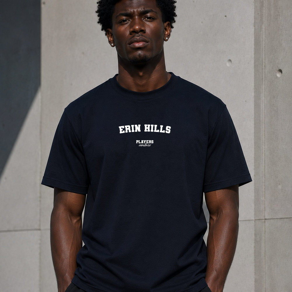 Erin Hills navy men's T-shirt lifestyle photograph 6