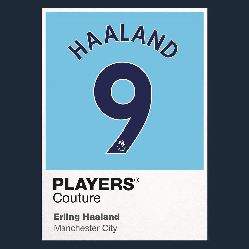 Erling Haaland 9 Football Shirt Frame Men's Hoodie – navy close-up detail shot of the Erling Haaland Players Couture logo