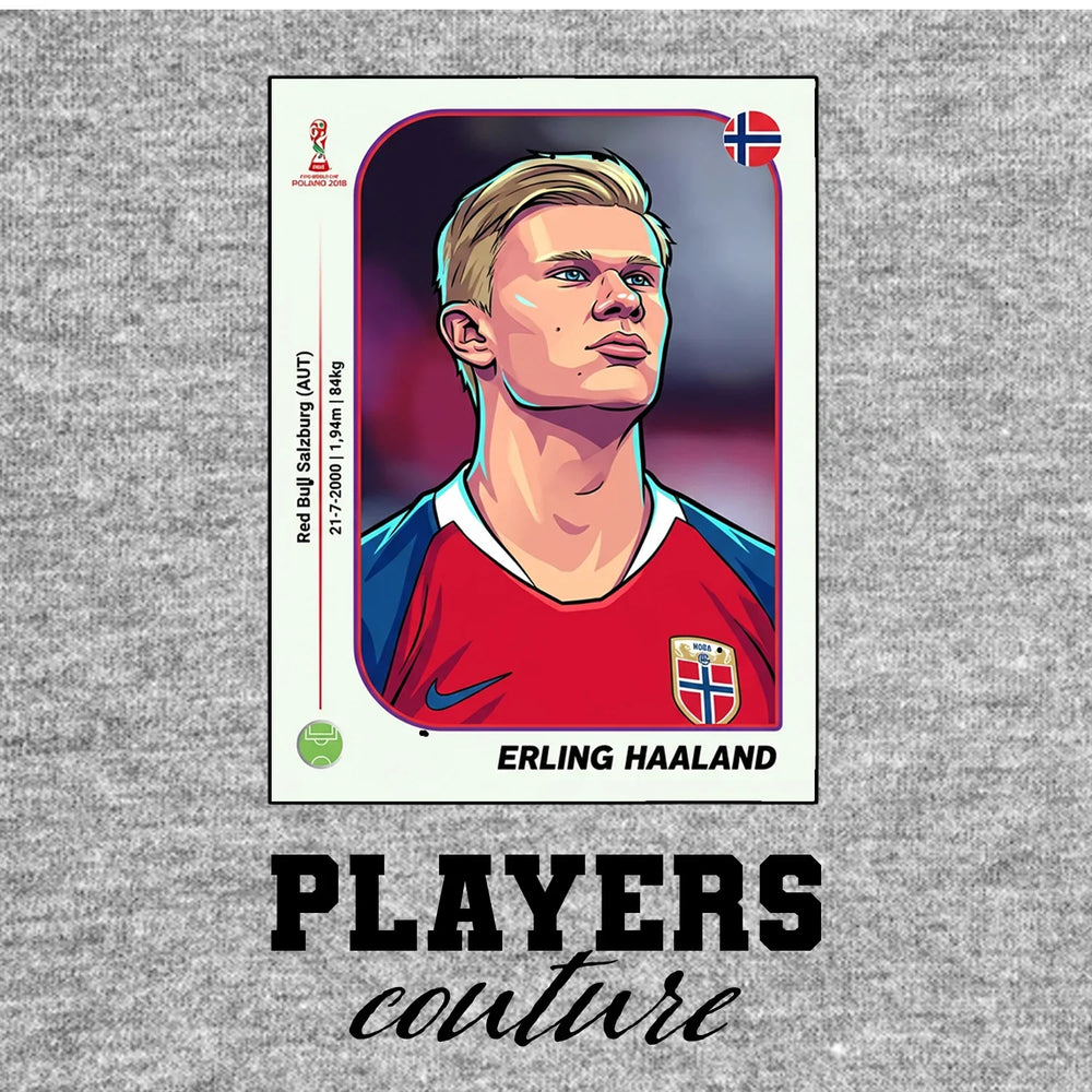 Erling Haaland World Cup Sticker Men's T-Shirt – grey close-up detail shot of the Erling Haaland World Cup Players Couture