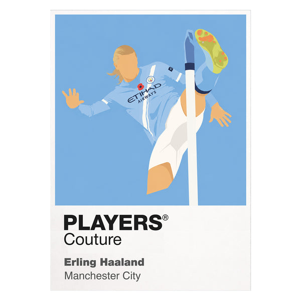 Illustration of a soccer player in a Manchester City jersey with 'Players Couture' branding.