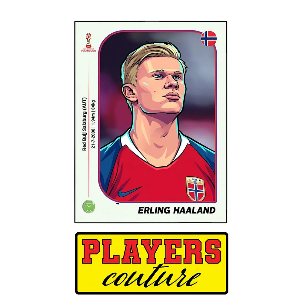 Erling Haaland World Cup Sticker Men's T-Shirt – close-up detail shot of the Erling Haaland World Cup Players Couture logo