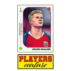 Erling Haaland World Cup Sticker Men's T-Shirt – close-up detail shot of the Erling Haaland World Cup Players Couture logo